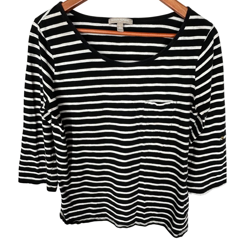 Banana Republic Black w/White Stripe 3/4 Tabbed Sleeve Blouse Women's Size Large